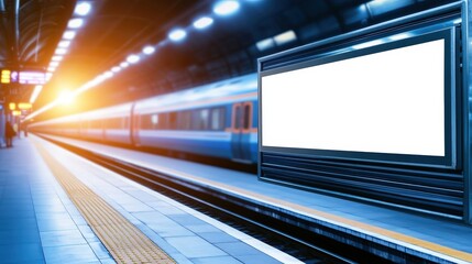 Quiet Train Platform with an Empty Billboard Surrounded by Urban Architecture Evoking a Sense of Anticipation and Stillness