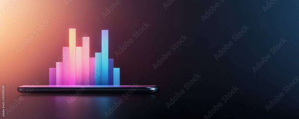 Poster a smartphone displays colorful audio waveforms, symbolizing sound data analysis and digital music re