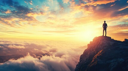 Obraz premium Person standing on mountain peak at sunset above clouds, enjoying scenic view