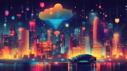 Fototapeta premium Social networking city and town with automation car on the world symbols moving from buildings to cloud using wifi. Vector illustration, penology, communication, generation, modern, generate by AI