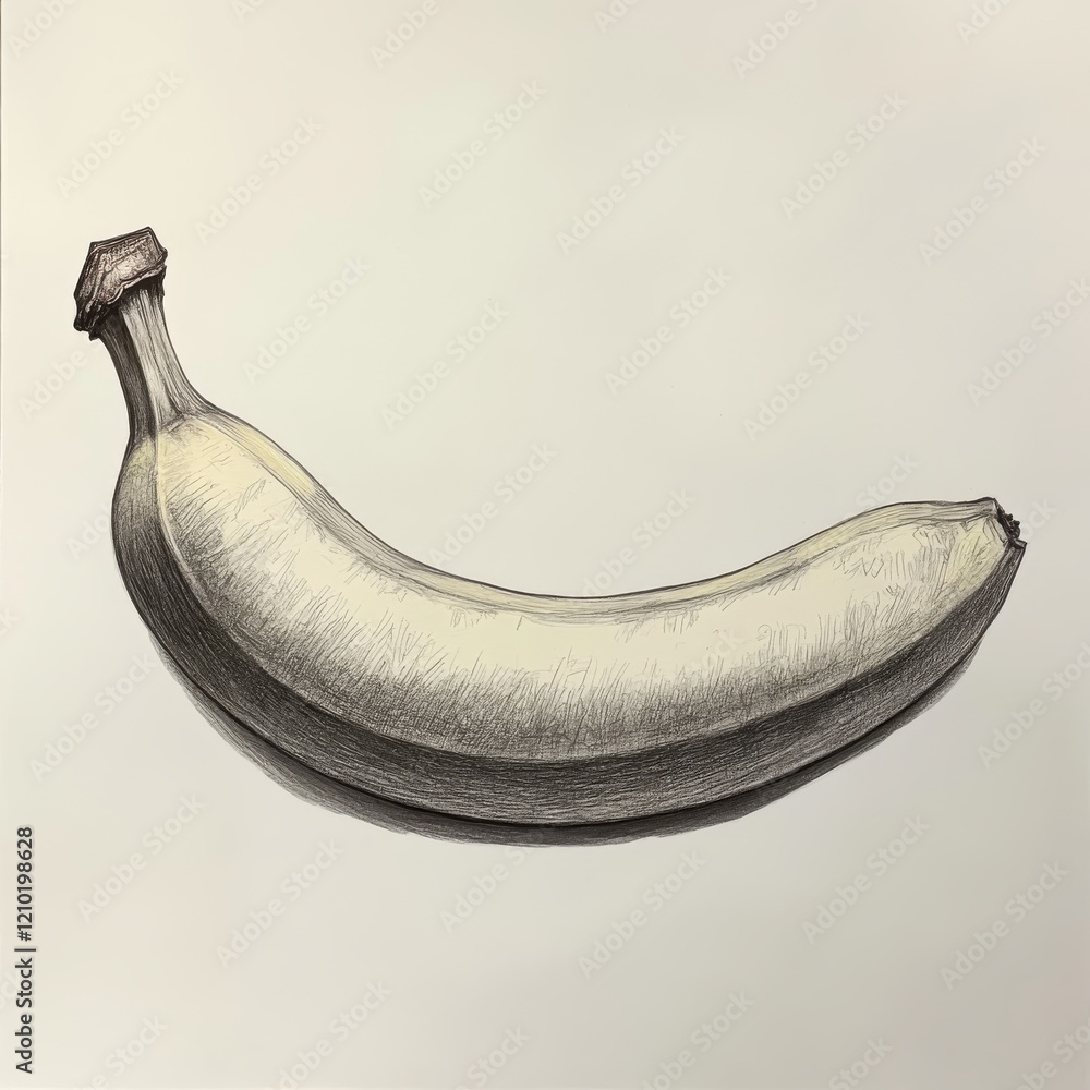 Poster detailed pencil sketch of a ripe banana showcasing texture and form on a plain background
