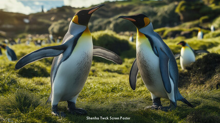 Fototapeta premium A penguins are at a colorful scenary.