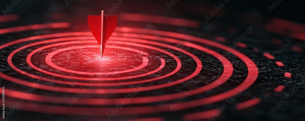 Poster a red arrow points at a glowing center surrounded by concentric circles, symbolizing focus, precisio