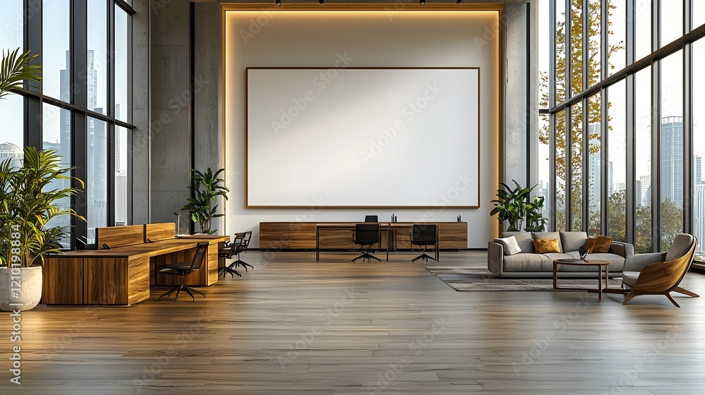Poster serene and sophisticated modern minimalist office interior with empty wall mockup sleek wooden furni