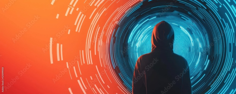 Poster a mysterious figure stands at the center of a vibrant circular glow, surrounded by swirling patterns