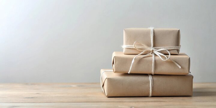 Stack of three simply wrapped gifts on wooden surface