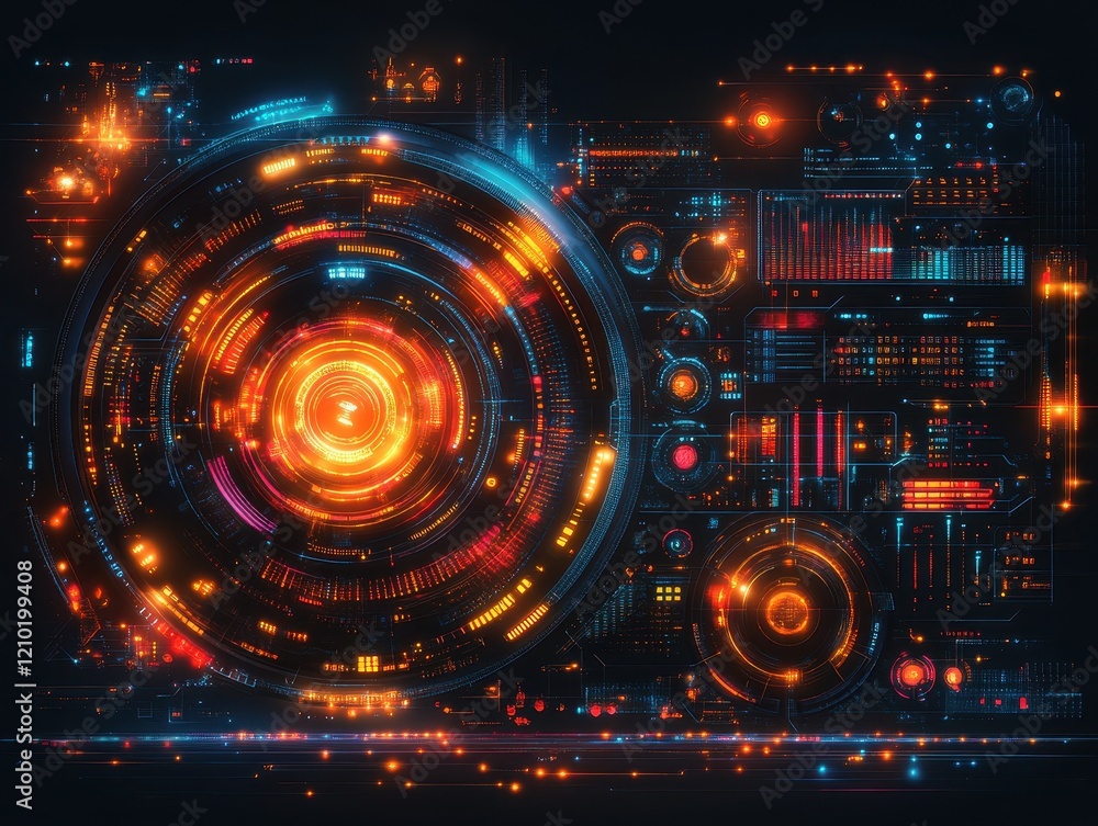 Poster a futuristic digital interface with glowing elements and intricate designs.