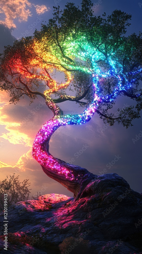 Poster glowing tree displays vibrant colors against a twilight sky in a serene natural setting