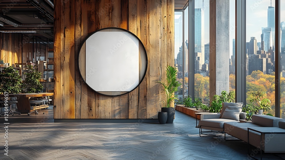 Poster blank poster mockup displayed on a wooden wall in a modern office setting with large windows showcas