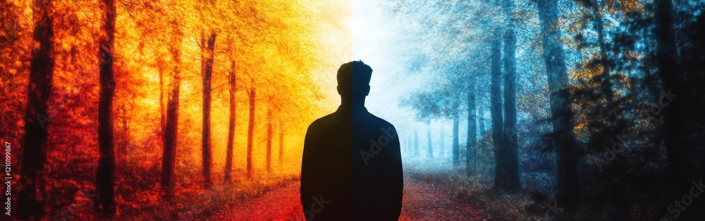 Poster man stands between vibrant glowing forests representing split emotions and contrasting experiences
