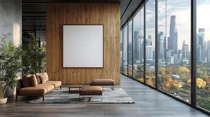 Stylish and contemporary office interior with a wooden accent wall blank poster mockup and large glass windows offering a panoramic view of the city skyline in the background