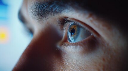 Close up view of a trader's eye reflecting a trading screen, highlighting intense focus and concentration during financial market analysis and decision making