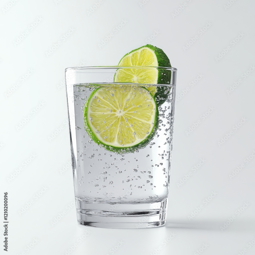 Poster sparkling water with fresh lime slice served in a clear glass on a minimalistic background