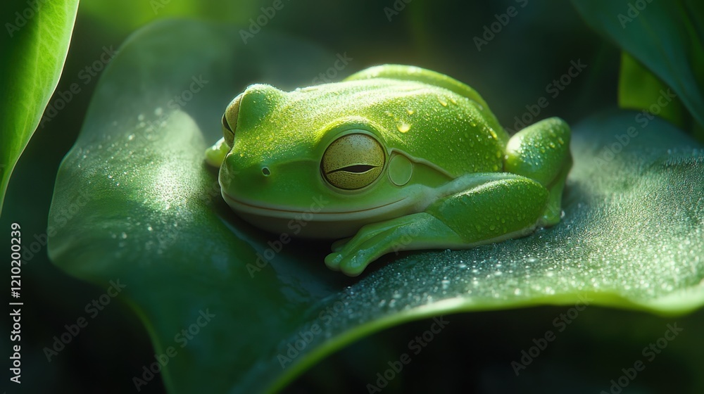 Poster close-up of a green tree frog resting peacefully on a leafy surface in a lush environment