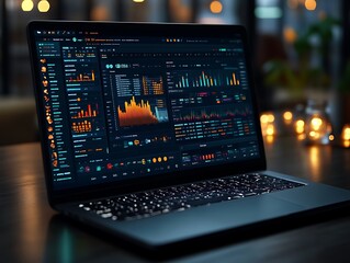 Obraz premium Laptop displaying financial data charts at night.
