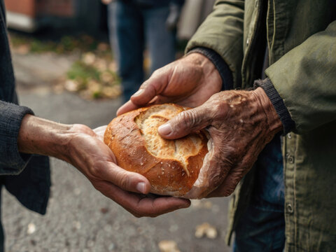 Las manos de una persona sin hogar que recibe pan de un voluntario
