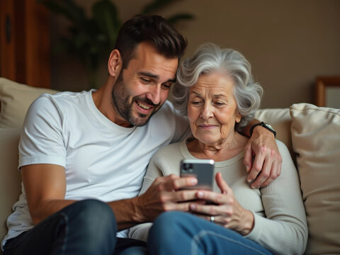 Cerca de un joven mostrando contenido feliz desde el tel&eacute;fono celular a su abuela

