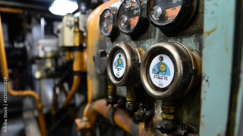 Poster close up of pressure gauges displaying readings on a control panel, monitoring the performance of co