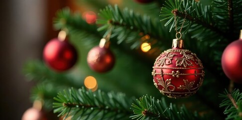 Close-up of ornate Christmas tree ornaments, rich green branches, luxury, macro, elegant