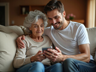 Retrato de un joven enseñando a su abuela a usar el teléfono celular. ambos sentados en un sofá 