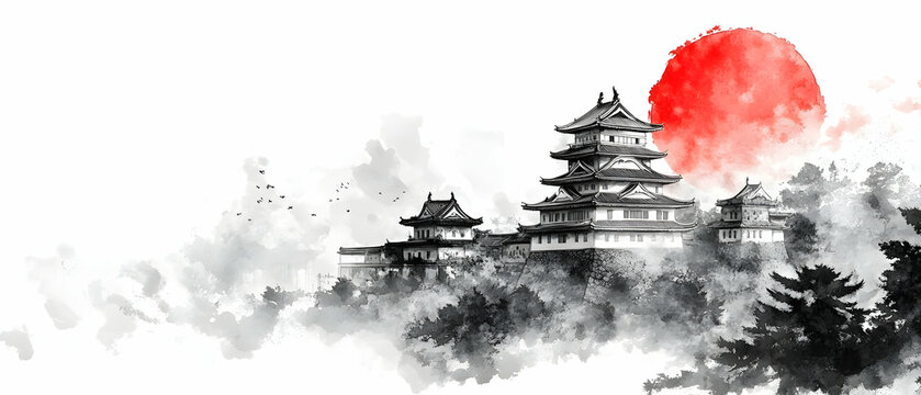 Asian castle sunset, ink art, serenity