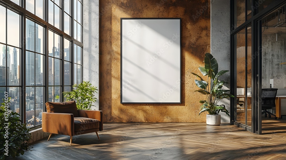 Aufkleber blank poster mockup displayed on a textured wooden wall in a modern office setting with large window