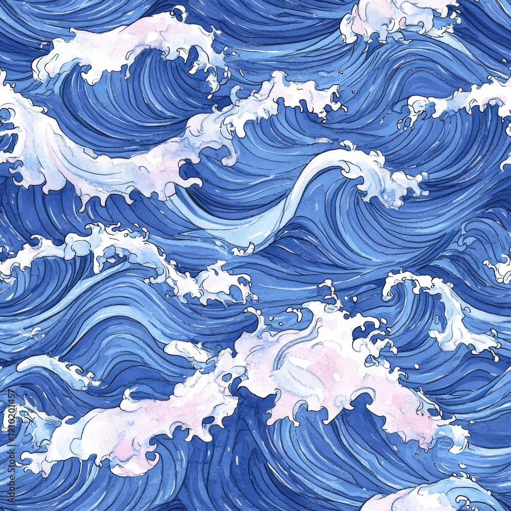 Poster bold watercolor doodle of dynamic waves and playful clouds in a vibrant ocean setting