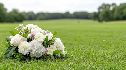 White wedding bouquet on green golf course.  Perfect for invitations