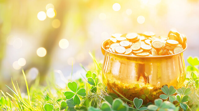 Sparkling golden pot of coins surrounded by shamrock petals and soft green grass
