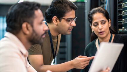 Tech Discussion in Progress – Indian IT professionals troubleshooting a technical issue in a server room.	
