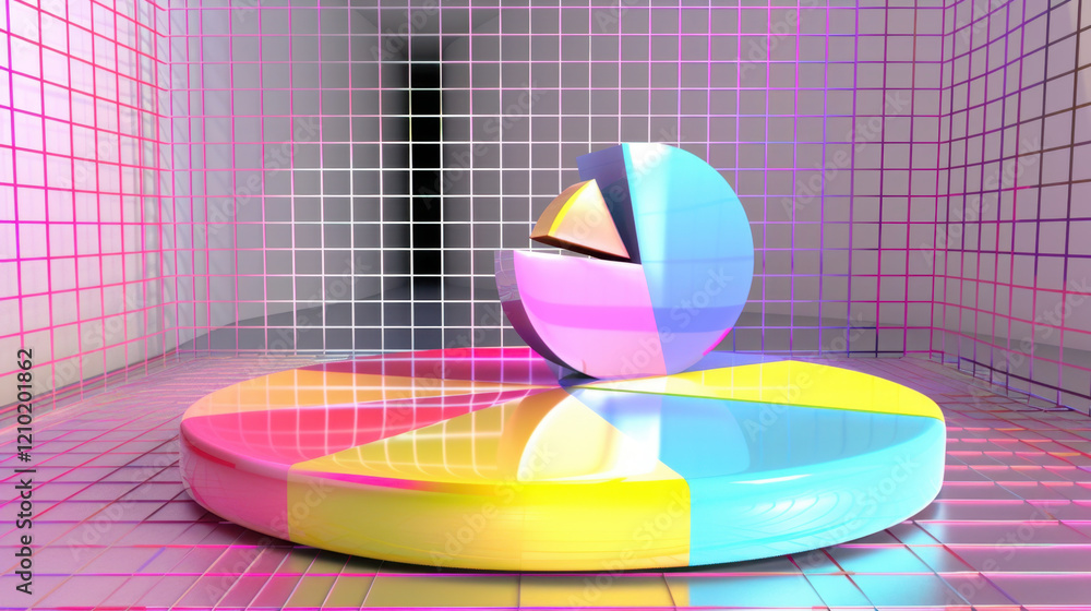 Poster colorful 3d pie chart on grid background, representing data visualization and analysis. vibrant colo