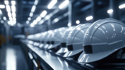 Numerous white hard hats moving along an assembly line inside a factory highlight the importance of workplace safety and the efficiency of industrial manufacturing processes