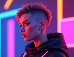 Fototapeta premium Cyberpunk Girl Character with Neon Details, Futuristic 3D Portrait Illustration