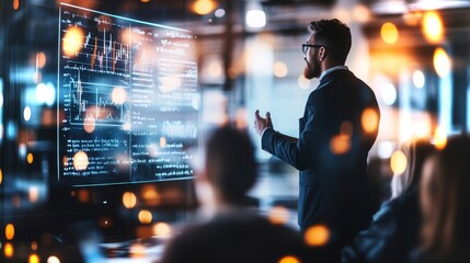 Confident presenter engaging audience with data analysis in modern conference room setting