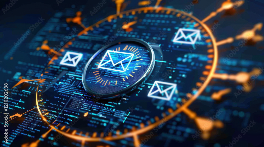 Poster digital email icons surrounded by futuristic interface, symbolizing communication and technology. vi
