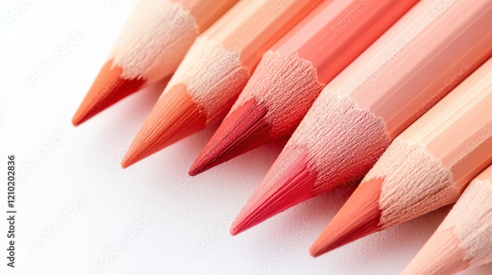 Poster colorful gradient of coral pencils arranged in a row showcasing various shades and textures for arti