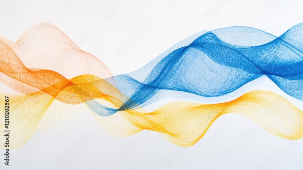 Poster creative pencil strokes form flowing waves in gradient shades of blue and yellow on a clean backgrou