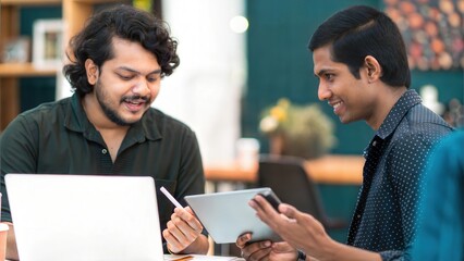 Creative Workspace Vibe – Indian designers collaborating in a colorful, innovative workspace.	
