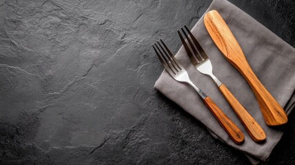 Wooden utensils and metal forks on gray napkin