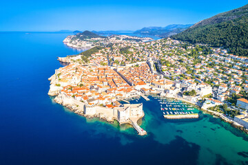 Historic city of Dubrovnik walls and archipelago aerial view
