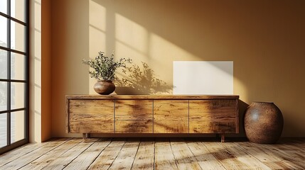 Minimalist interior design featuring a wooden cabinet against a plain wall with blank space for mockup or customization 3D rendered  This image showcases a clean