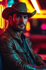 Obraz premium Stylish cowboy in a leather jacket poses under vibrant neon lights at a bar during nighttime in an urban setting