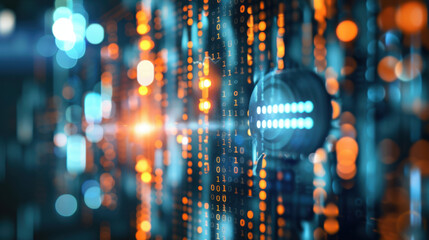 Fototapeta premium Digital data stream with binary code and glowing lights creates futuristic atmosphere. vibrant colors and patterns evoke sense of technology and innovation