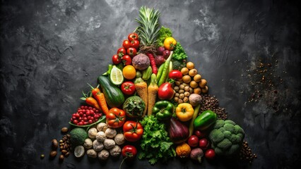 A vibrant array of fresh produce arranged in a triangular composition, showcasing a diverse collection of colorful fruits and vegetables.