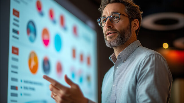 Leader presenting to colleagues using a large digital screen