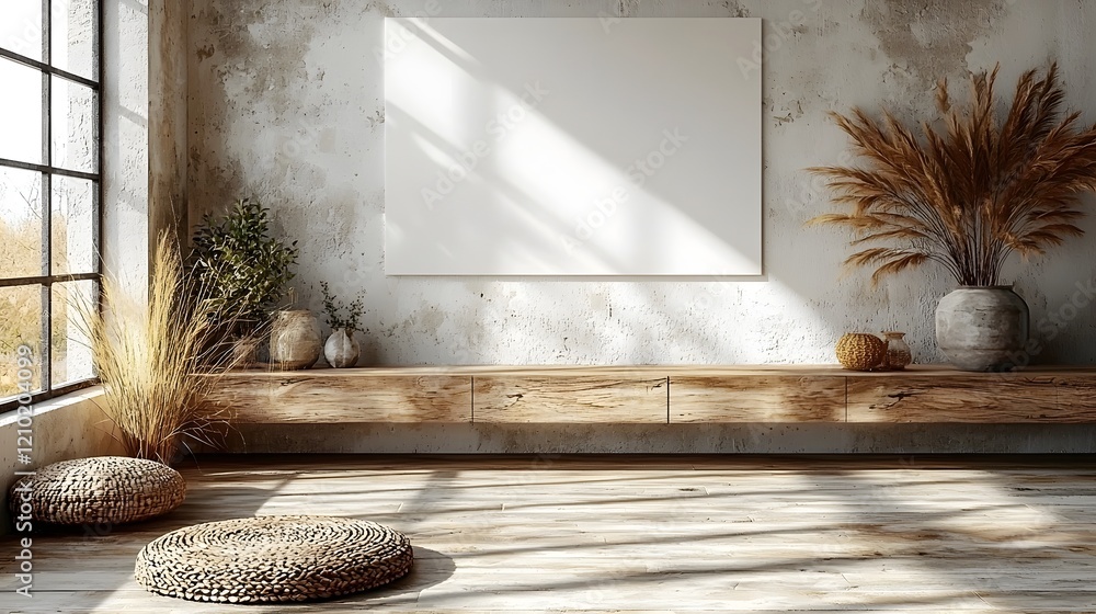 Poster wooden cabinet in a cozy minimalist interior setting with an empty white wall above perfect for show