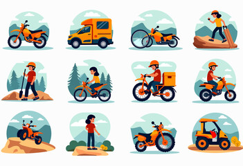 Fototapeta premium Colorful Flat Outdoor Store Logos: Simple Vector Graphics. Individual designs with cute and minimalist style, no gradients, perfect for outdoor equipment shops and online stores.