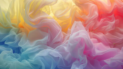 Obraz premium Soft, colorful fabric waves in pastel shades of yellow, pink, and blue create dreamy, ethereal background. flowing textures evoke sense of calm and creativity