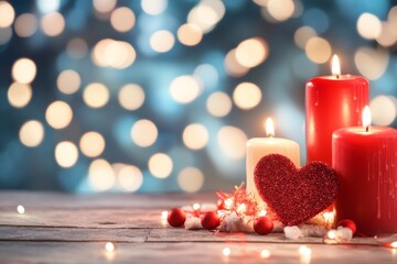 A candle burning low, its wax melted in the shape of a heart, with soft light casting flickering shadows