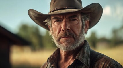 Mature man with a cowboy hat standing in a rural landscape during golden hour showcasing a rugged demeanor and deep expression
